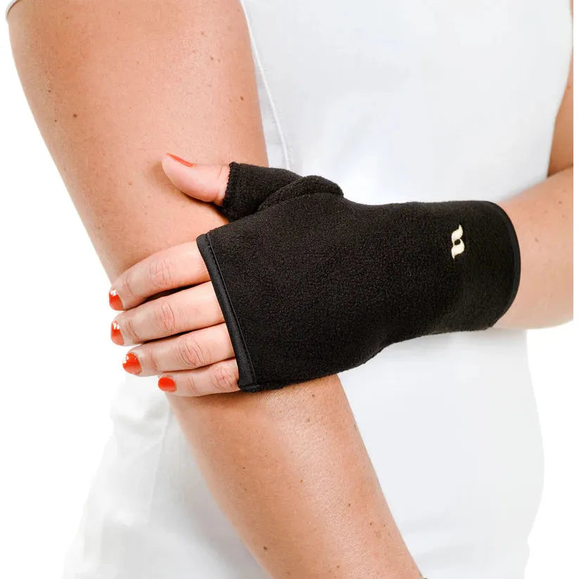 fleece wrsit glove being worn