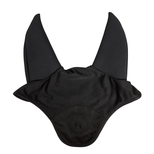 BLACK BONNET WITH SOUND ABSORBING EARS, BLACK bot LOGO EMBROIDED ON FRONT