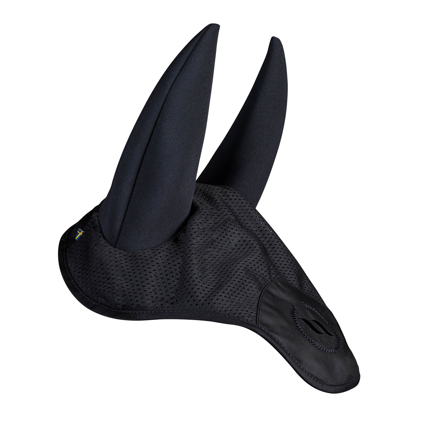 BLACK BONNET WITH SOUND ABSORBING EARS, BLACK bot LOGO EMBROIDED ON FRONT