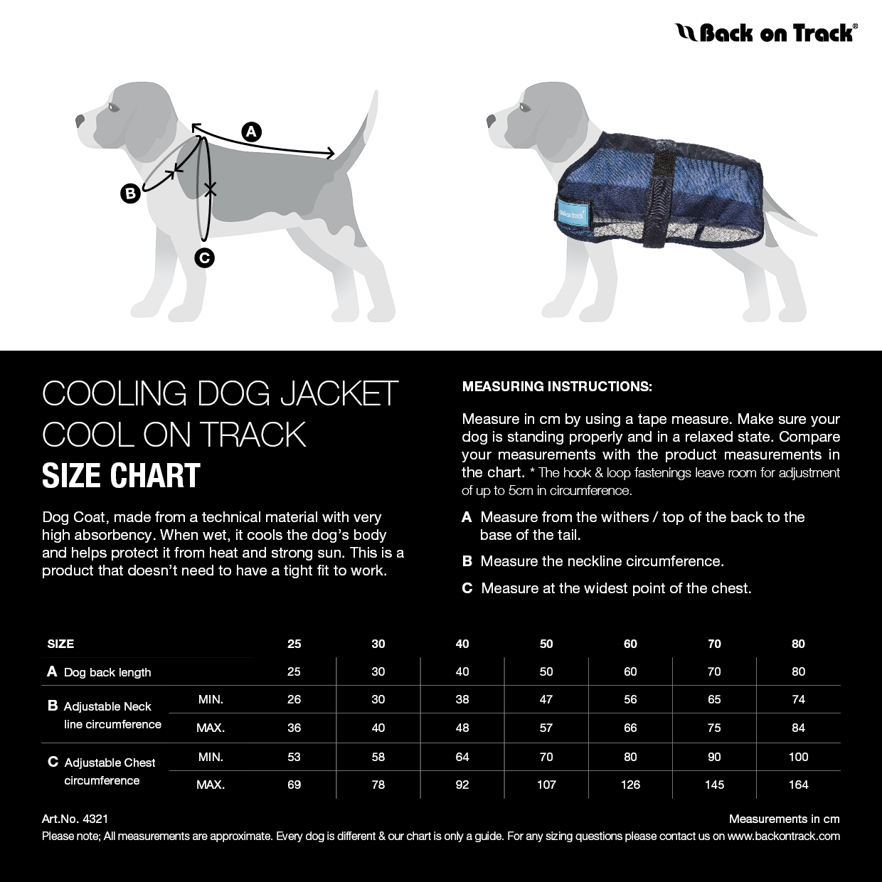 size chart for cool on track dog coat