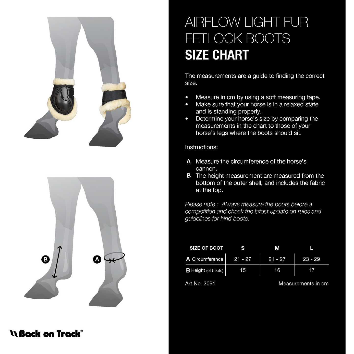 size chart for brown fur lined fetlock boot