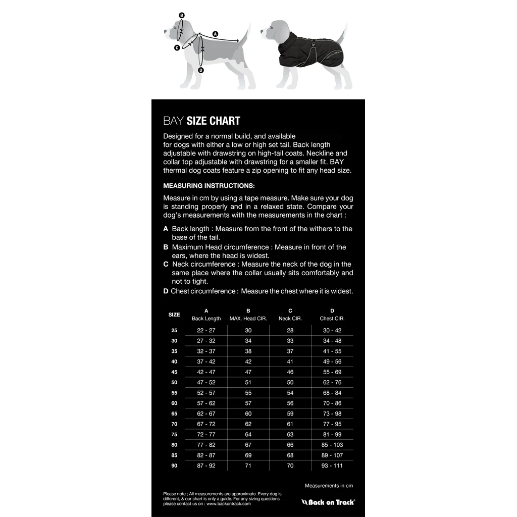 size chart for Bay model dog coats