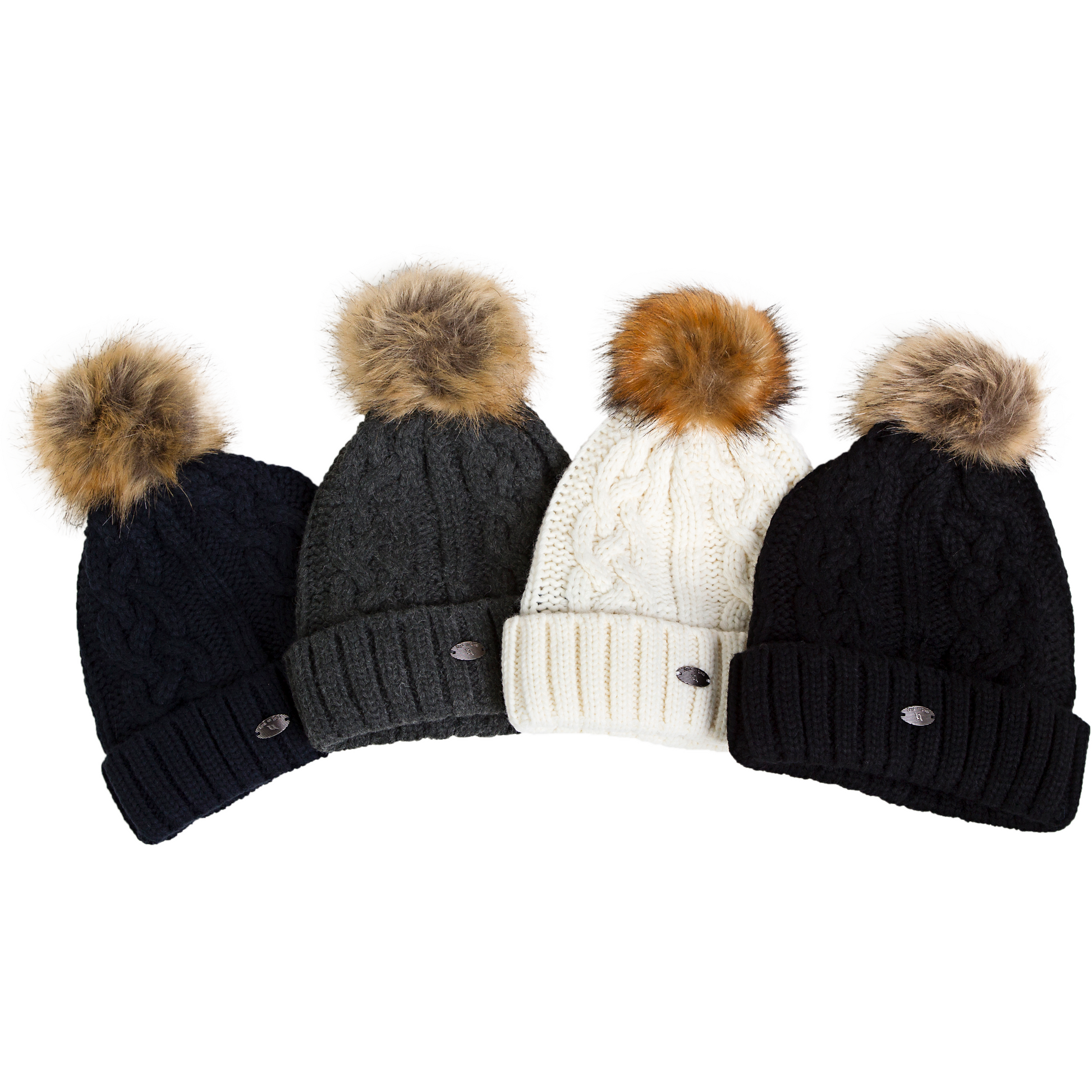 left to right - navy, grey, cream and black cable knit beanie with pompom