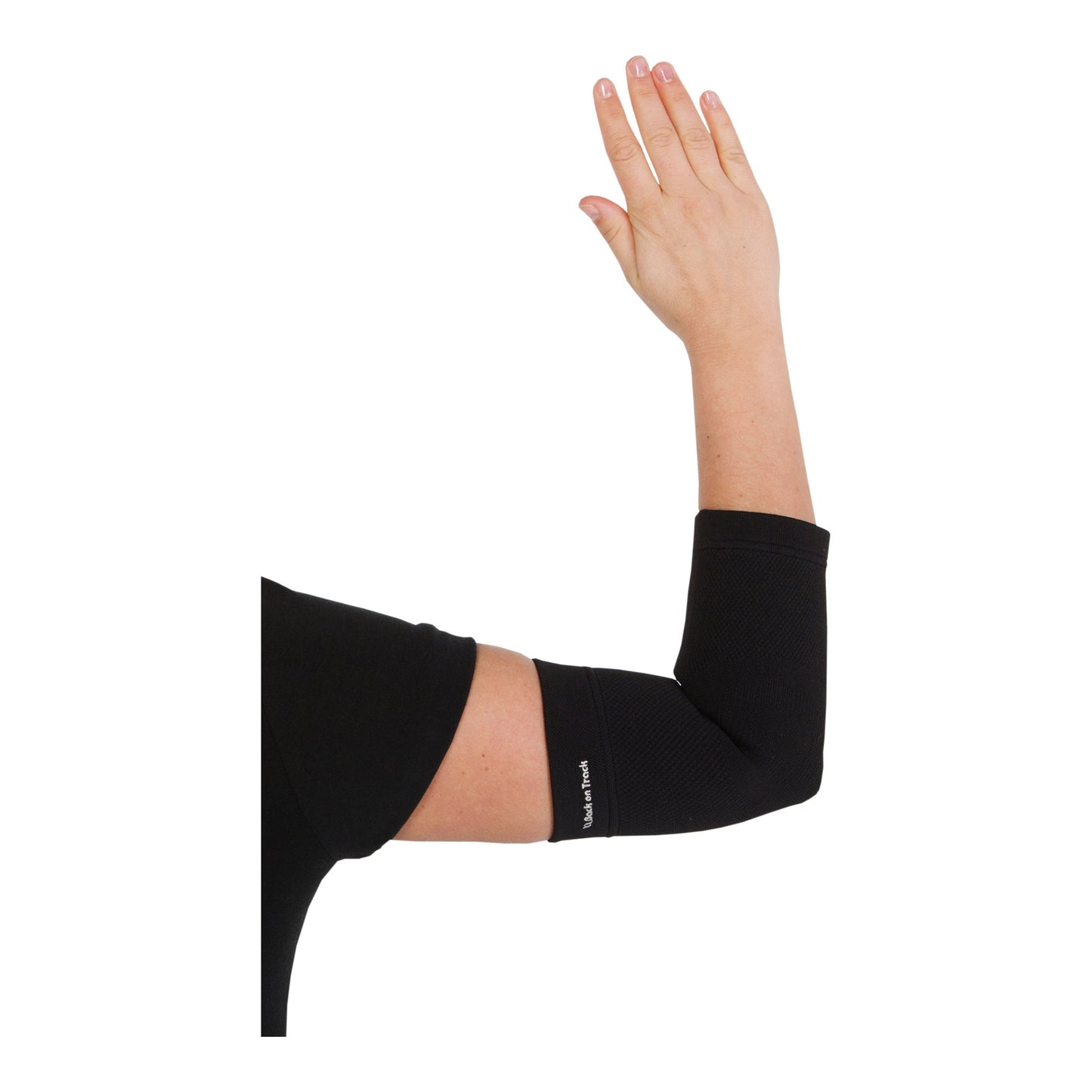 black elbow support brace worn on right arm