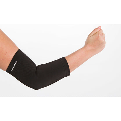 black elbow support brace worn on right arm