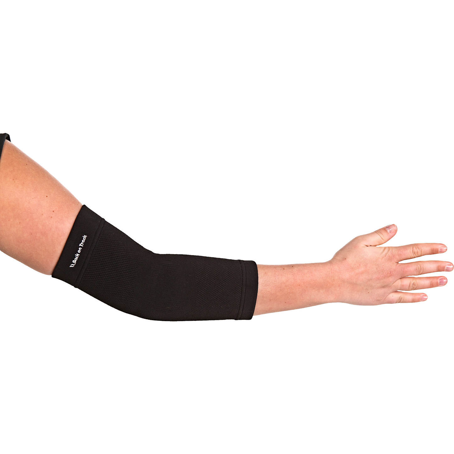 black elbow support brace worn on right arm