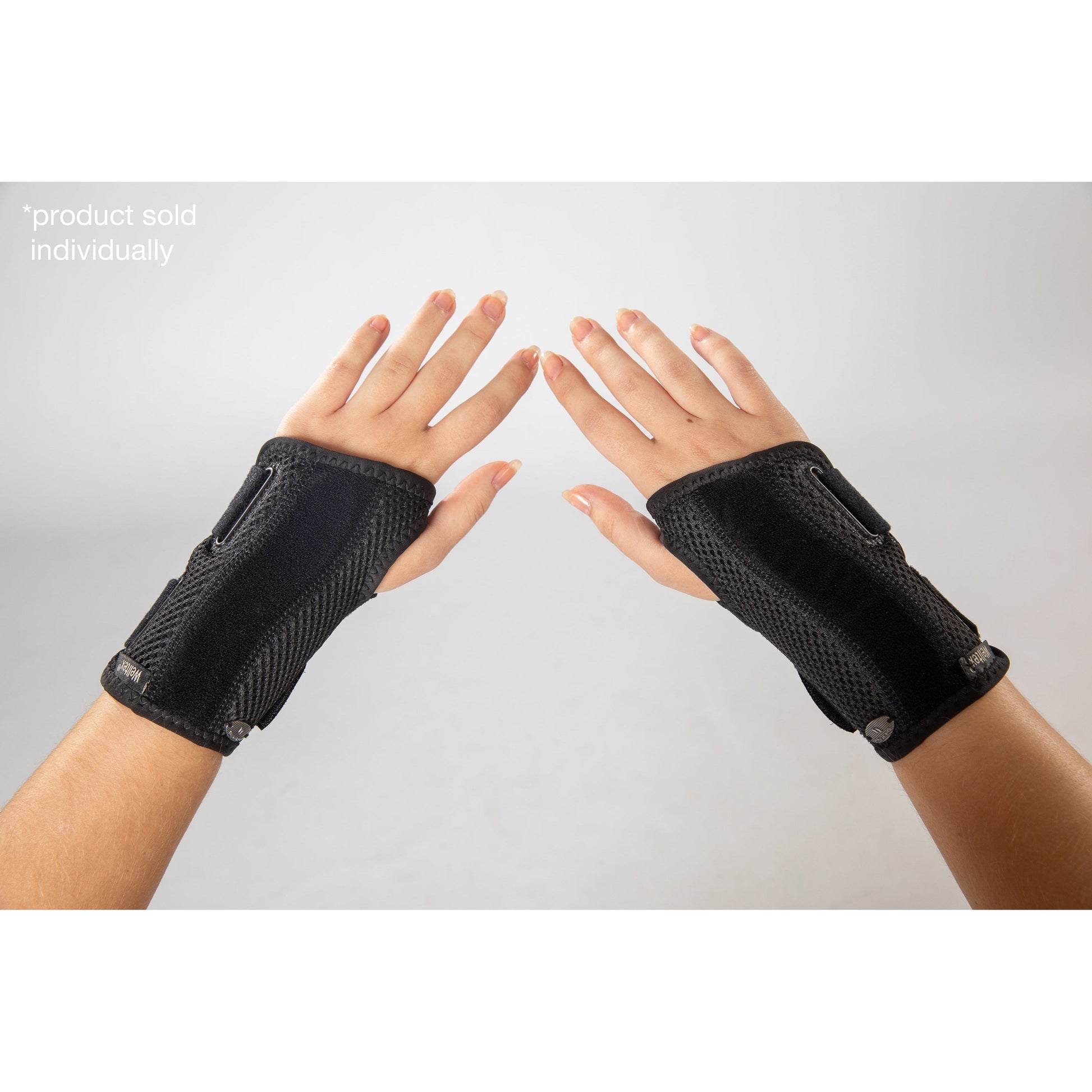 black splinted carpus wrist brace on hand (palm side down)