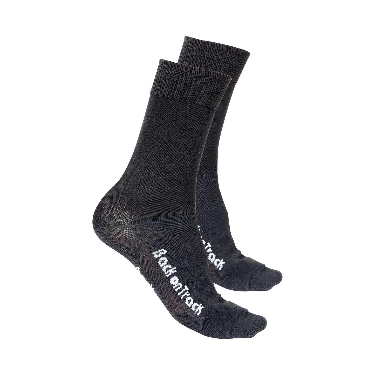 black  socks with logo along side in white