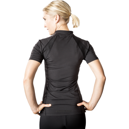 black shirt worn by women, back view