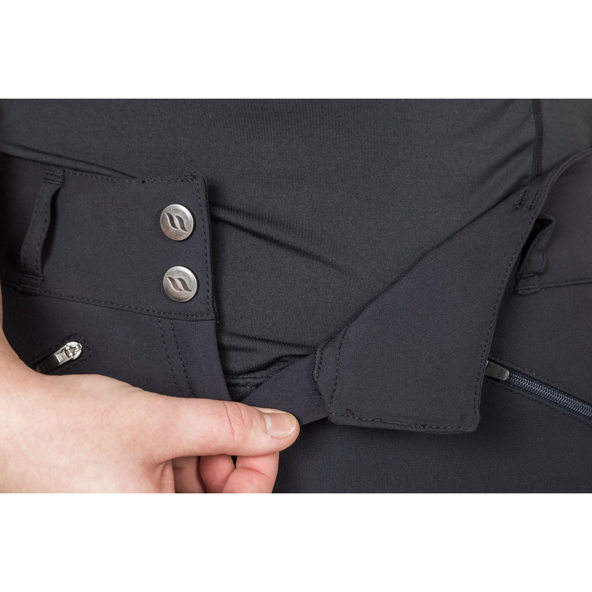 black breeches with knee grip, close up of buttons