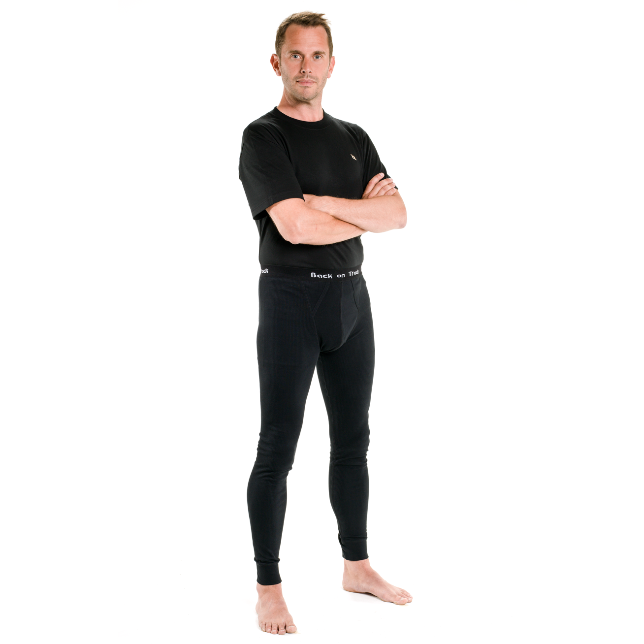 man wearing black t-shirt and black long johns