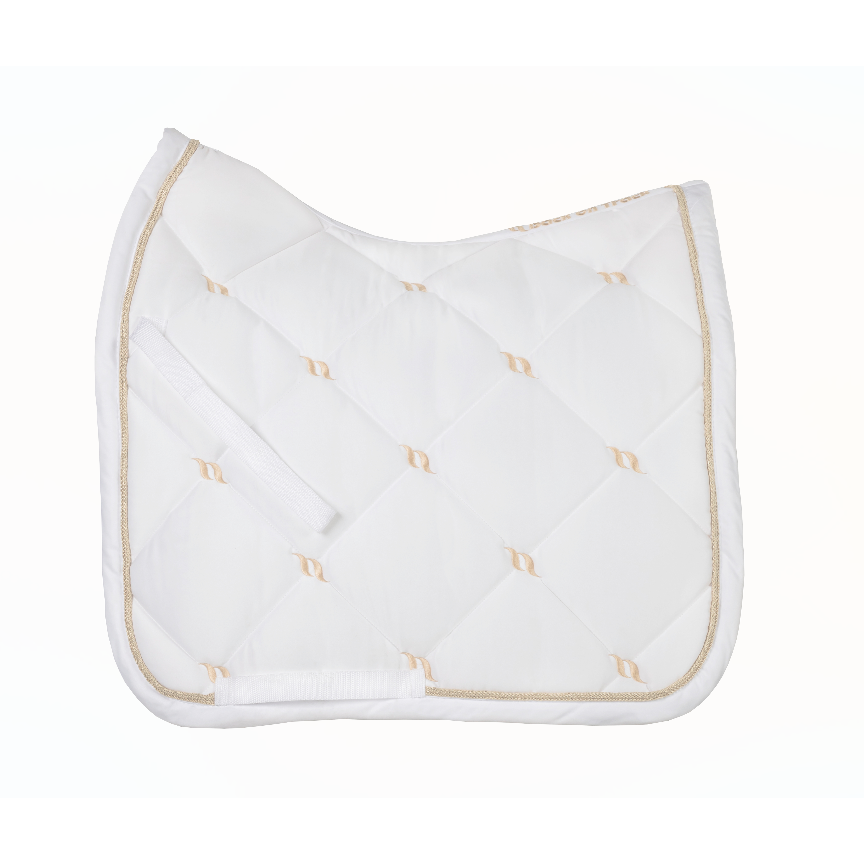 white dressage saddle pad with gold logo details and gold piping along edge