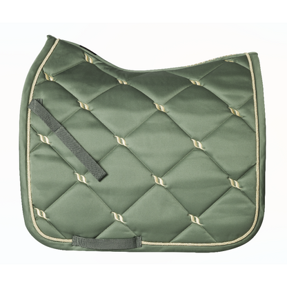 olive dressage saddle pad with gold logo details and gold piping along edge