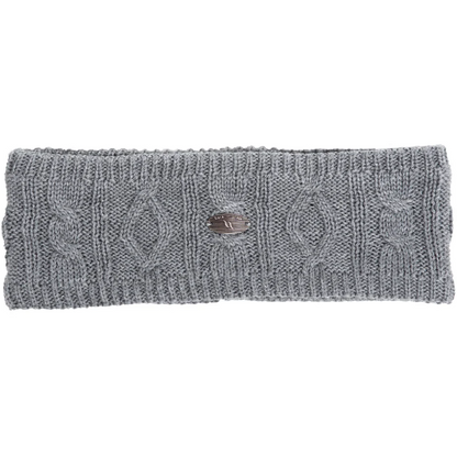 grey cable knit headband with metal logo badge