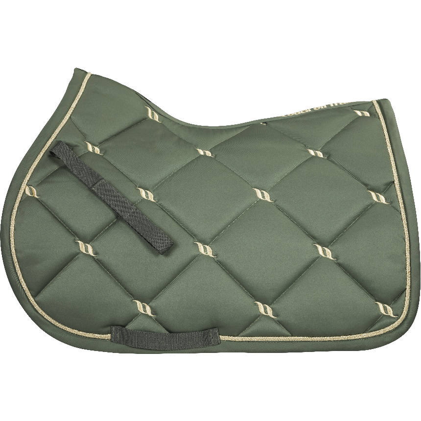 olive green nights collection saddle pad, quilted with gold back on track logo and gold cord piping along edge