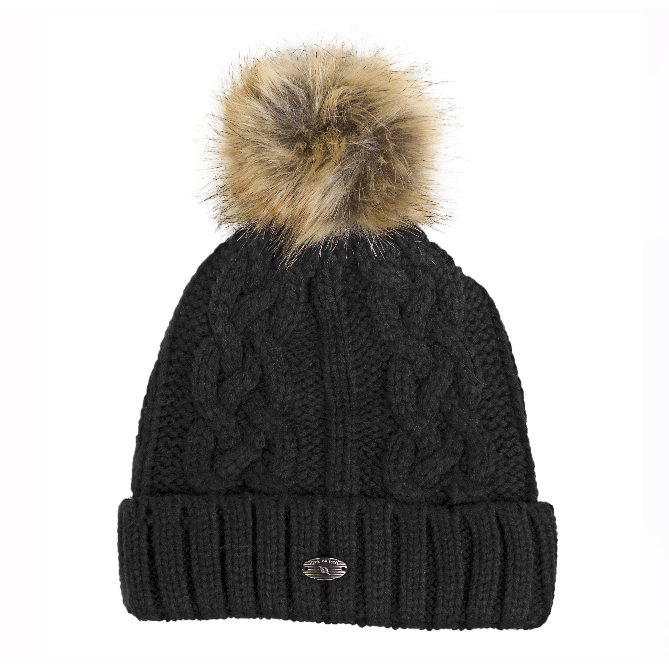 black cable knit beanie with pompom