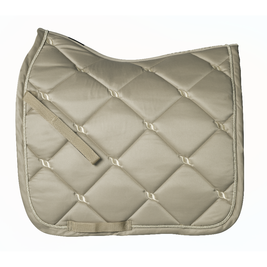 champagne dressage saddle pad with gold logo details and gold piping along edge