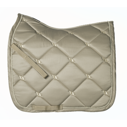 champagne dressage saddle pad with gold logo details and gold piping along edge