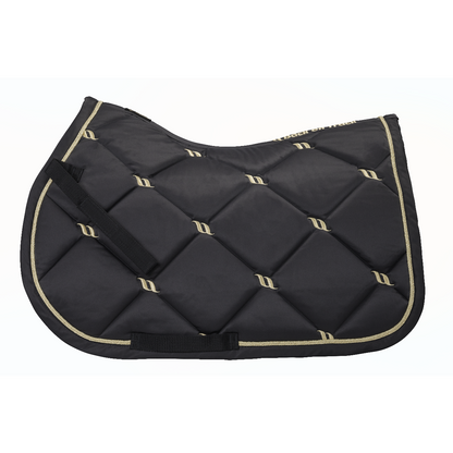 graphite nights collection saddle pad, quilted with gold back on track logo and gold cord piping along edge