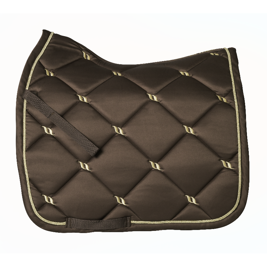 coffe dressage saddle pad with gold logo details and gold piping along edge