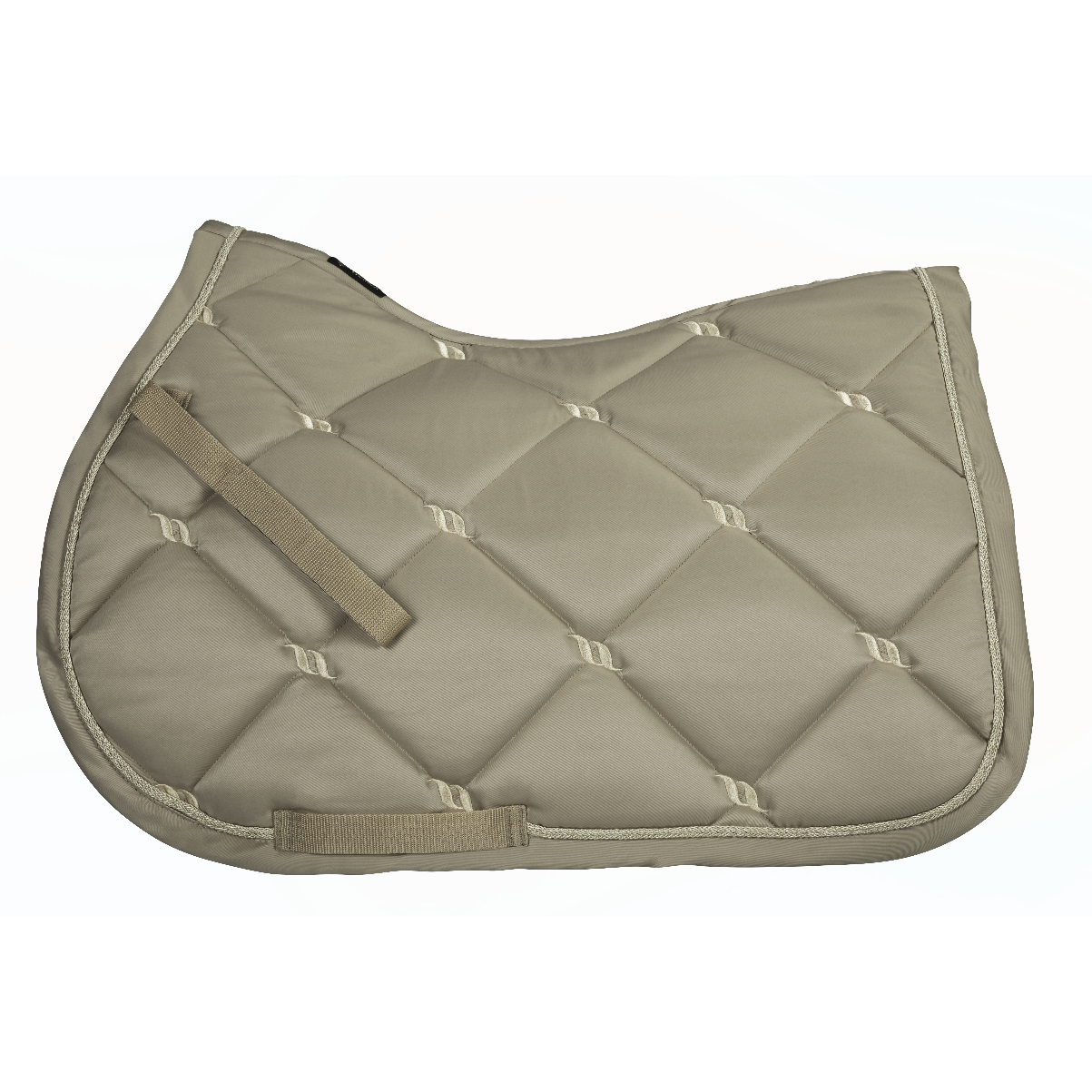 champagne nights collection saddle pad, quilted with gold back on track logo and gold cord piping along edge