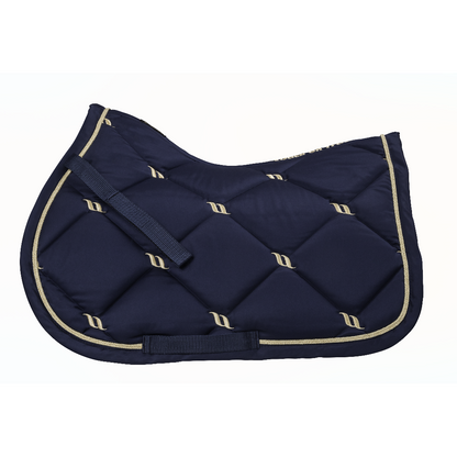 nobel blue nights collection saddle pad, quilted with gold back on track logo and gold cord piping along edge