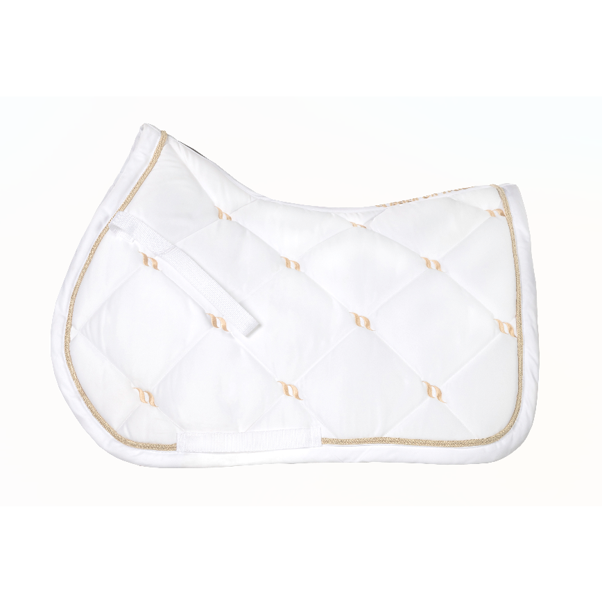 white nights collection saddle pad, quilted with gold back on track logo and gold cord piping along edge