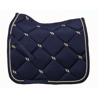 noble blue dressage saddle pad with gold logo details and gold piping along edge