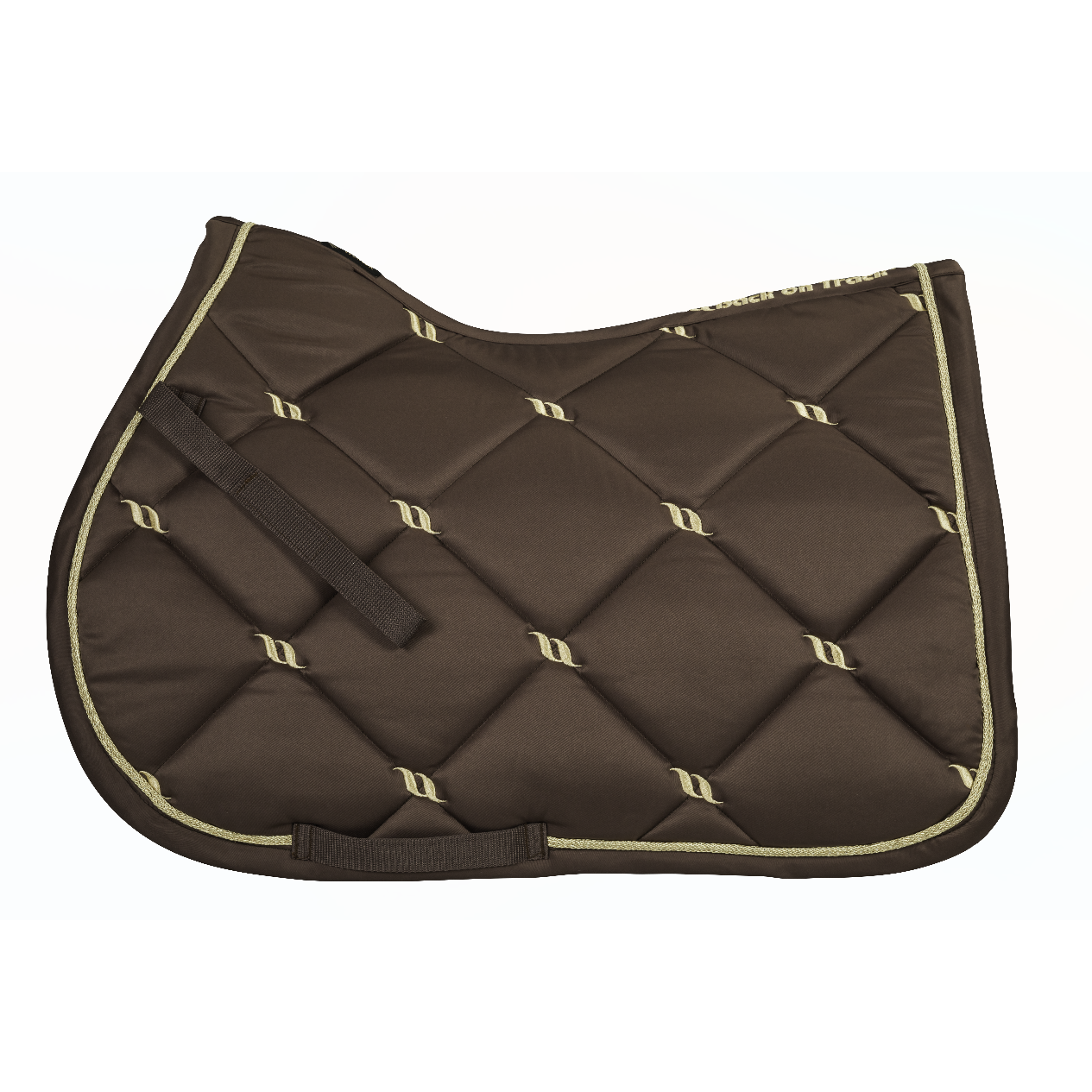 coffee nights collection saddle pad, quilted with gold back on track logo and gold cord piping along edge