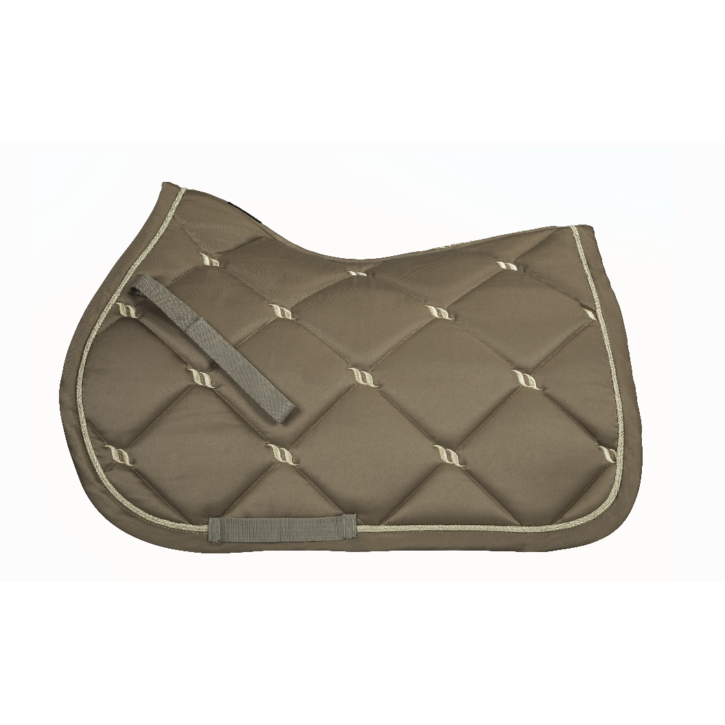 nougat nights collection saddle pad, quilted with gold back on track logo and gold cord piping along edge