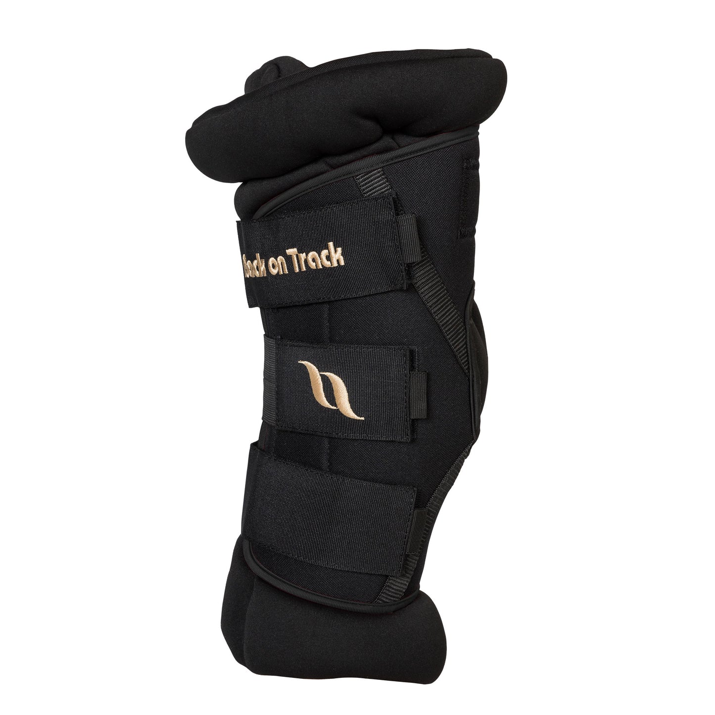 A black hock support brace with padded top and bottom sections, shown against a plain white background.