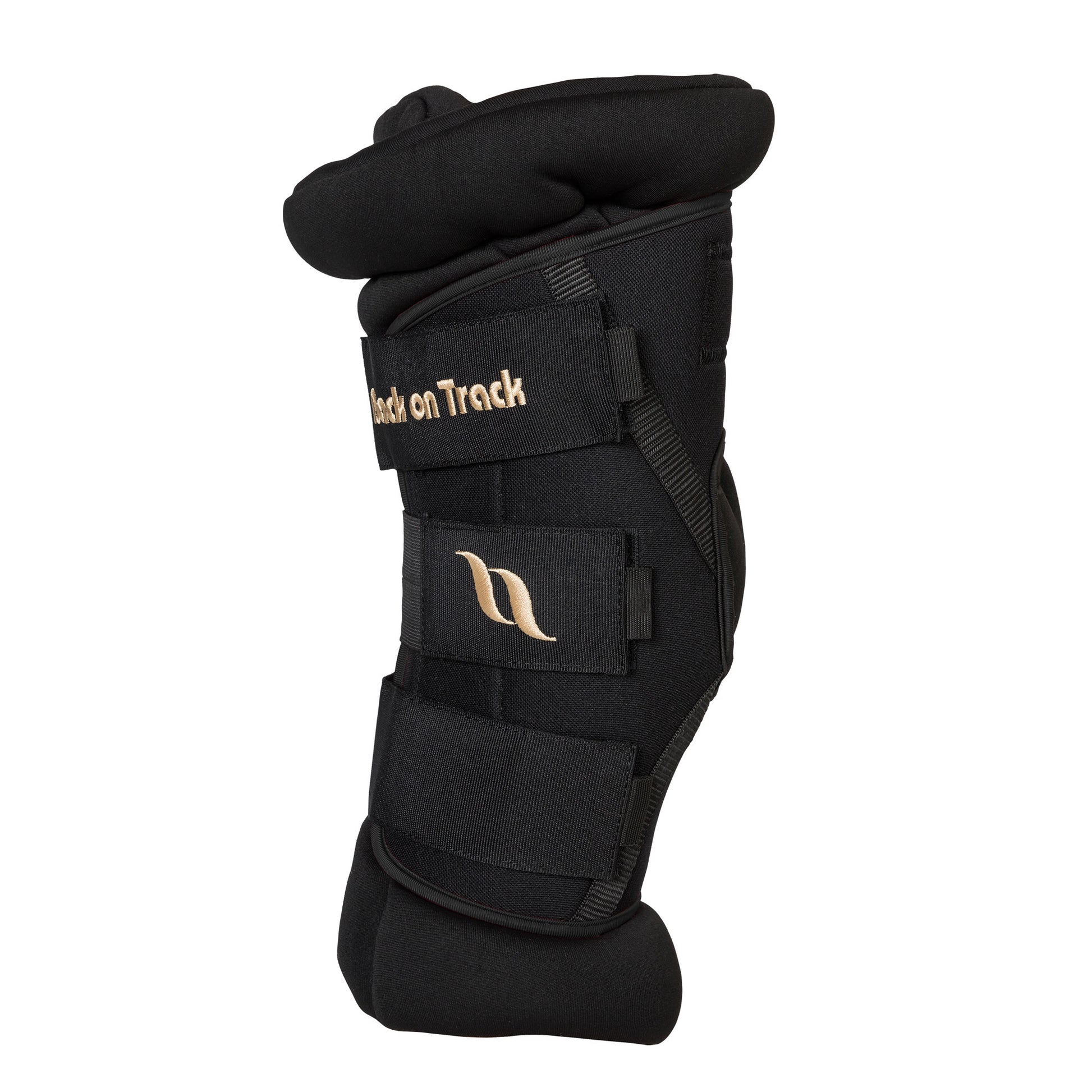 A black hock support brace with padded top and bottom sections, shown against a plain white background.