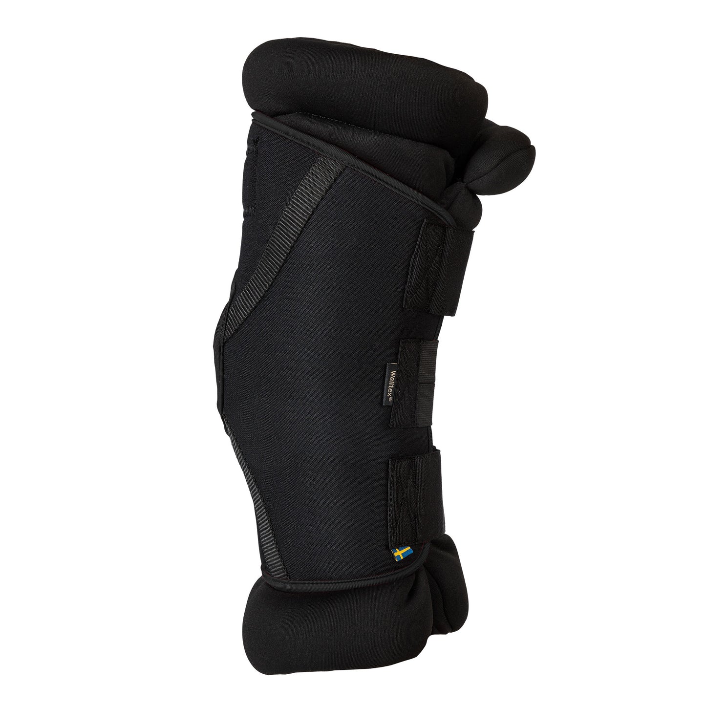 A black hock support brace with padded top and bottom sections, shown against a plain white background.