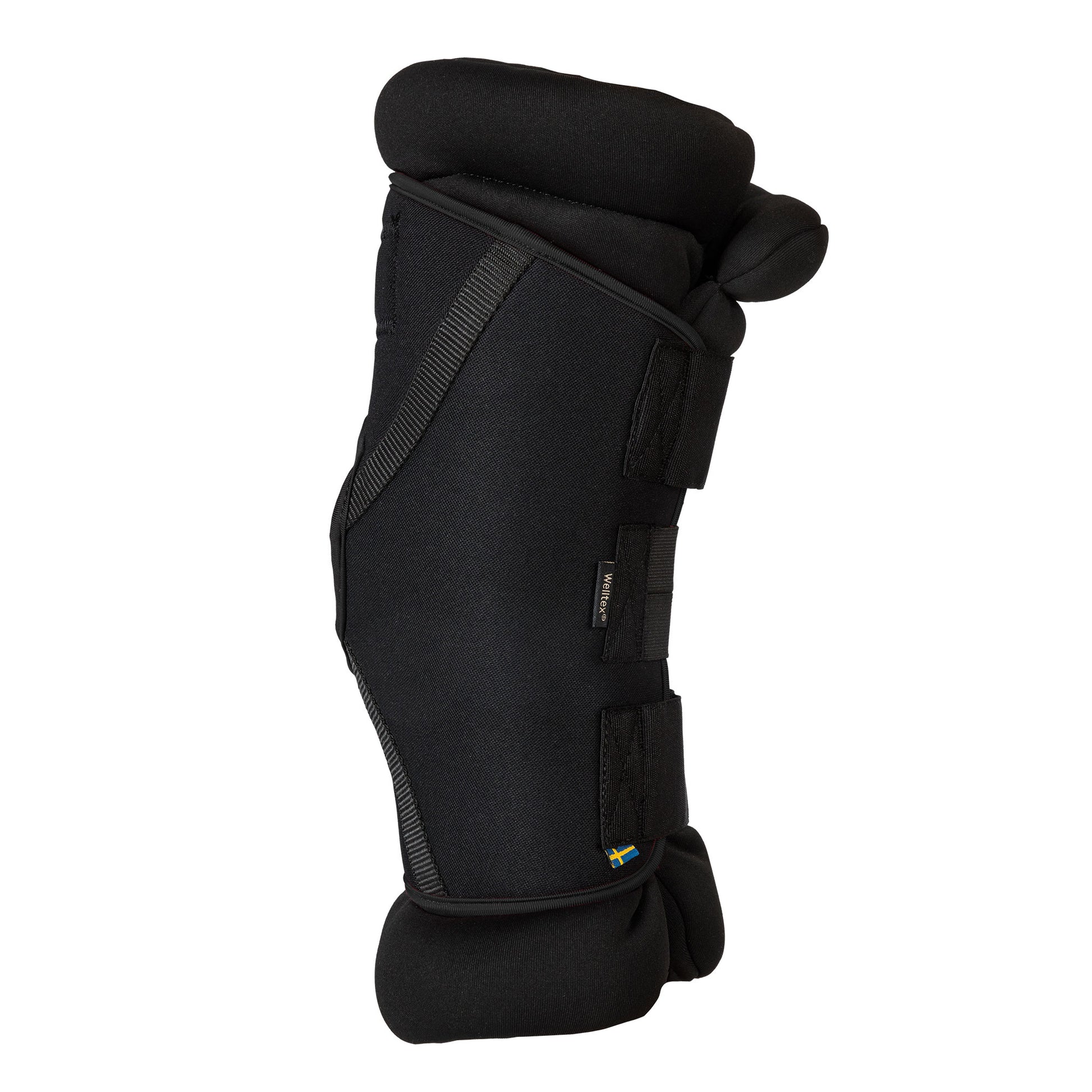A black hock support brace with padded top and bottom sections, shown against a plain white background.