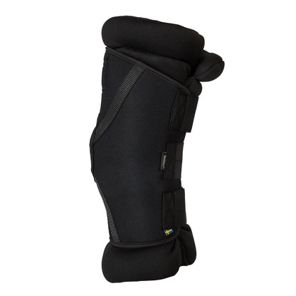 A black hock support brace with padded top and bottom sections, shown against a plain white background.