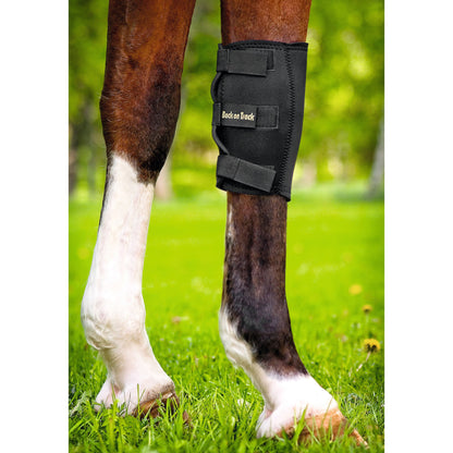 knee boot being worn by a horse on far side