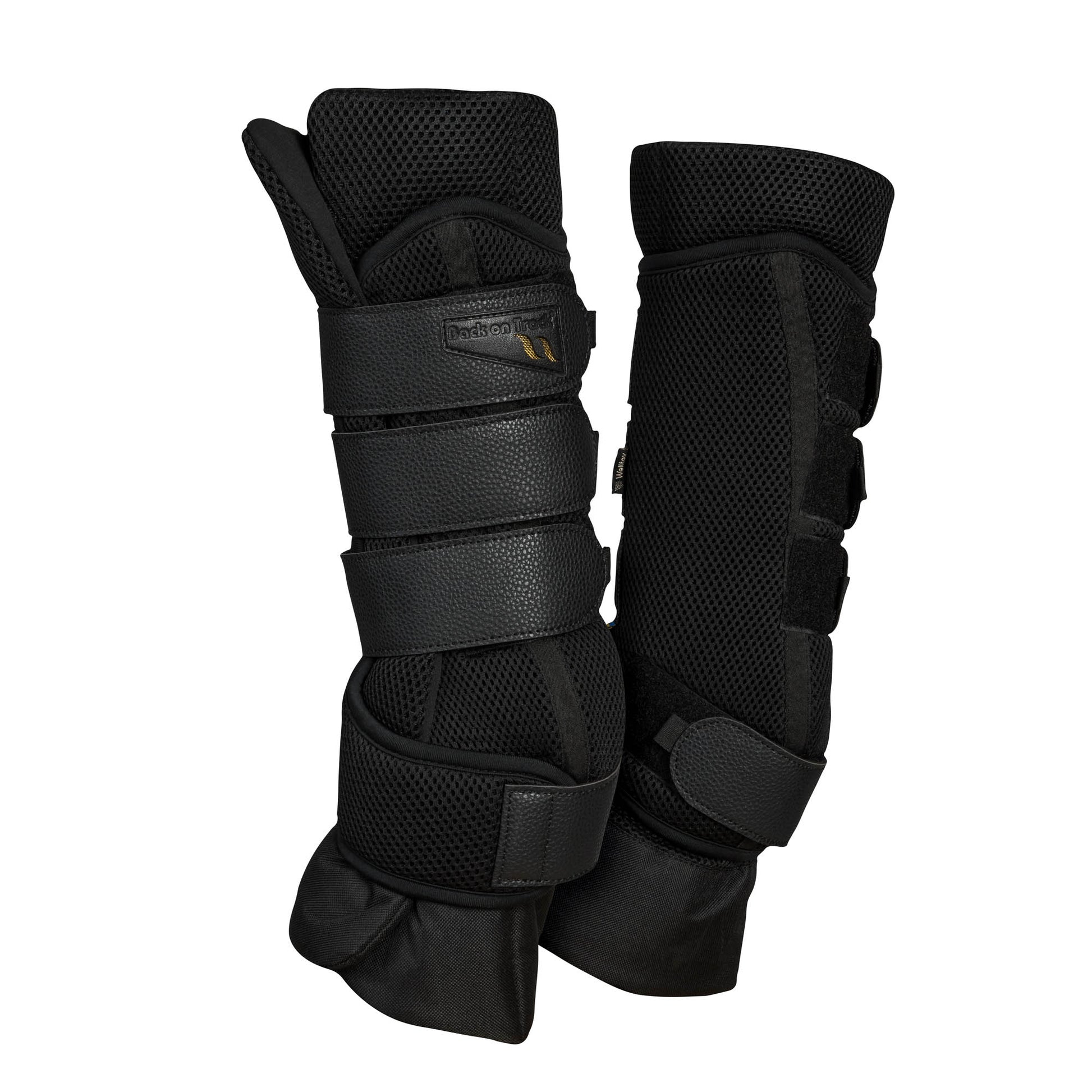 Pair of black protective horse leg wraps on a white background