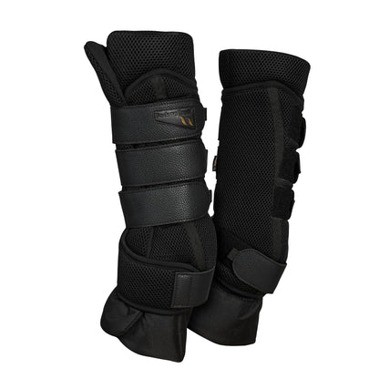 Pair of black protective horse leg wraps on a white background