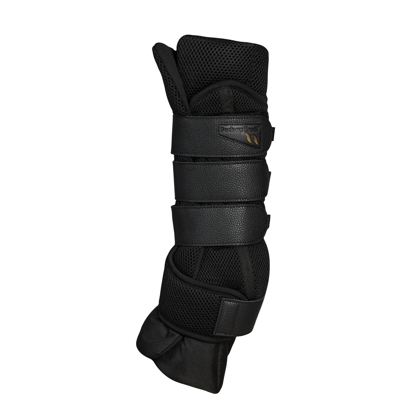 Black protective leg guard with multiple adjustable straps and a small gold logo, shown against a plain white background.