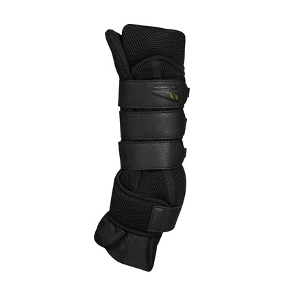 Black protective leg guard with multiple adjustable straps and a small gold logo, shown against a plain white background.