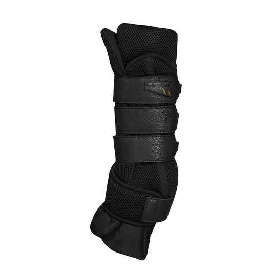 Black protective leg guard with multiple adjustable straps and a small gold logo, shown against a plain white background.