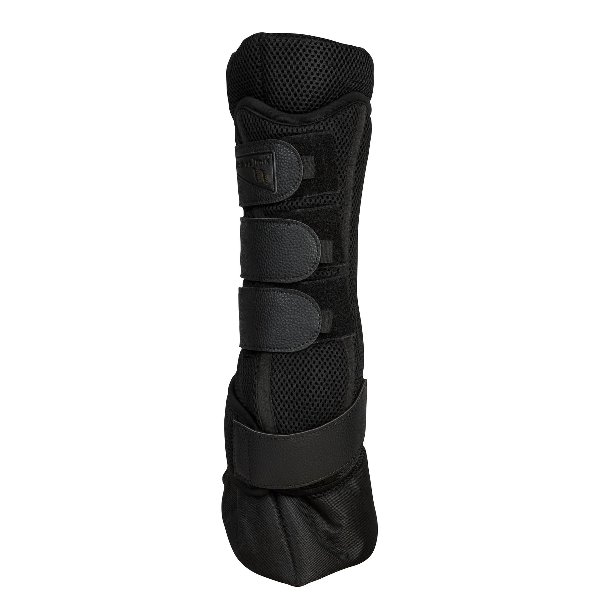 A black equestrian leg boot with three adjustable hook-and-loop straps, featuring a breathable mesh pattern and padded sections, shown against a plain white background.