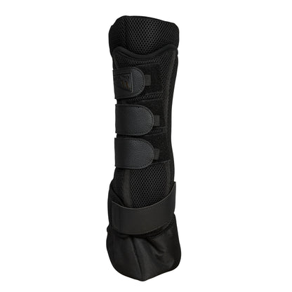 A black equestrian leg boot with three adjustable hook-and-loop straps, featuring a breathable mesh pattern and padded sections, shown against a plain white background.