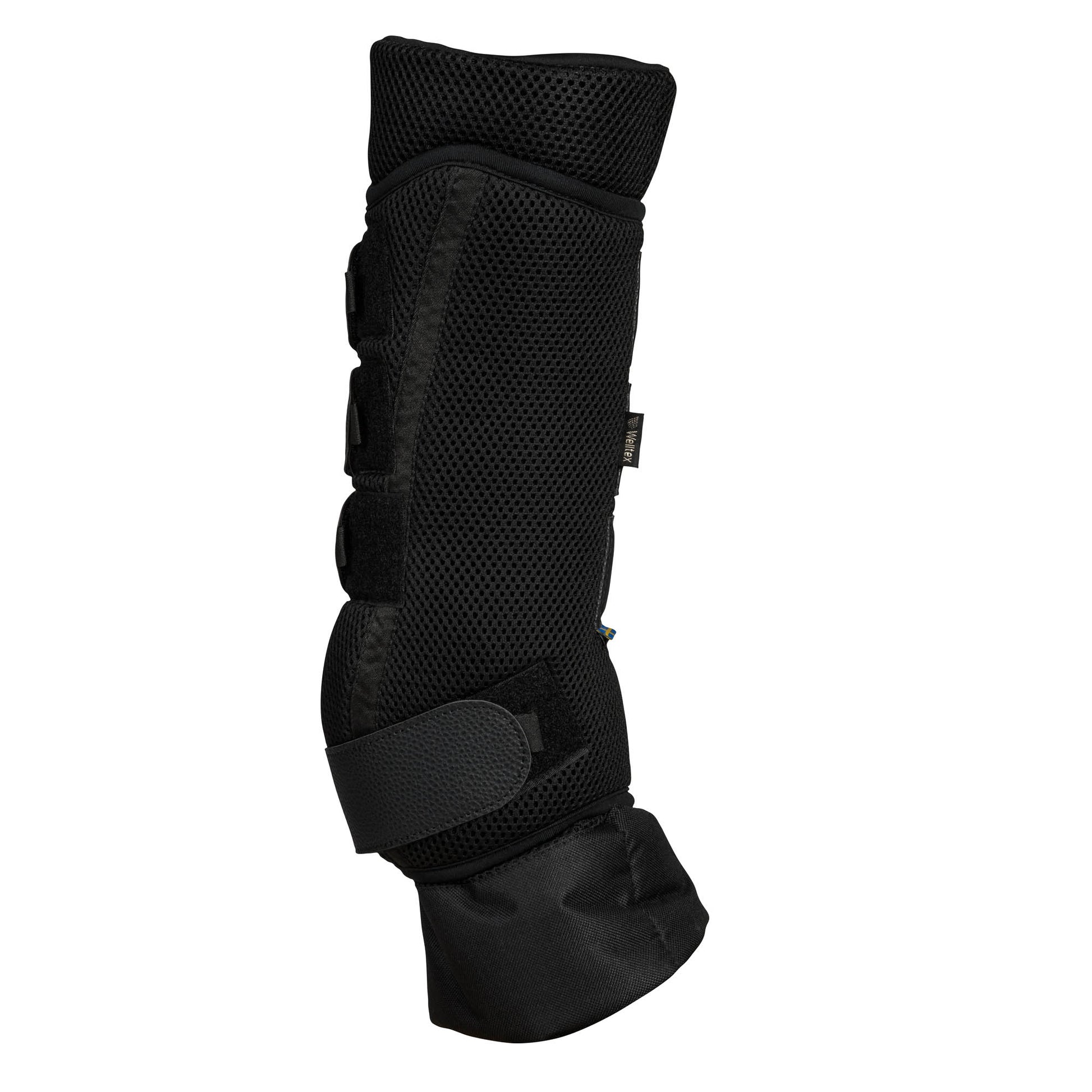 Black protective horse leg guard on a white background