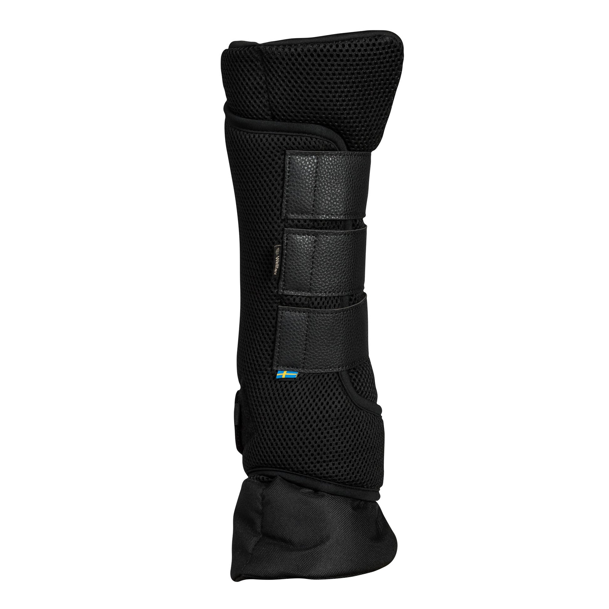 Black protective horse leg guard on a white background
