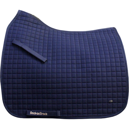 navy dressage saddle pad with gold BOT and metal logo tag