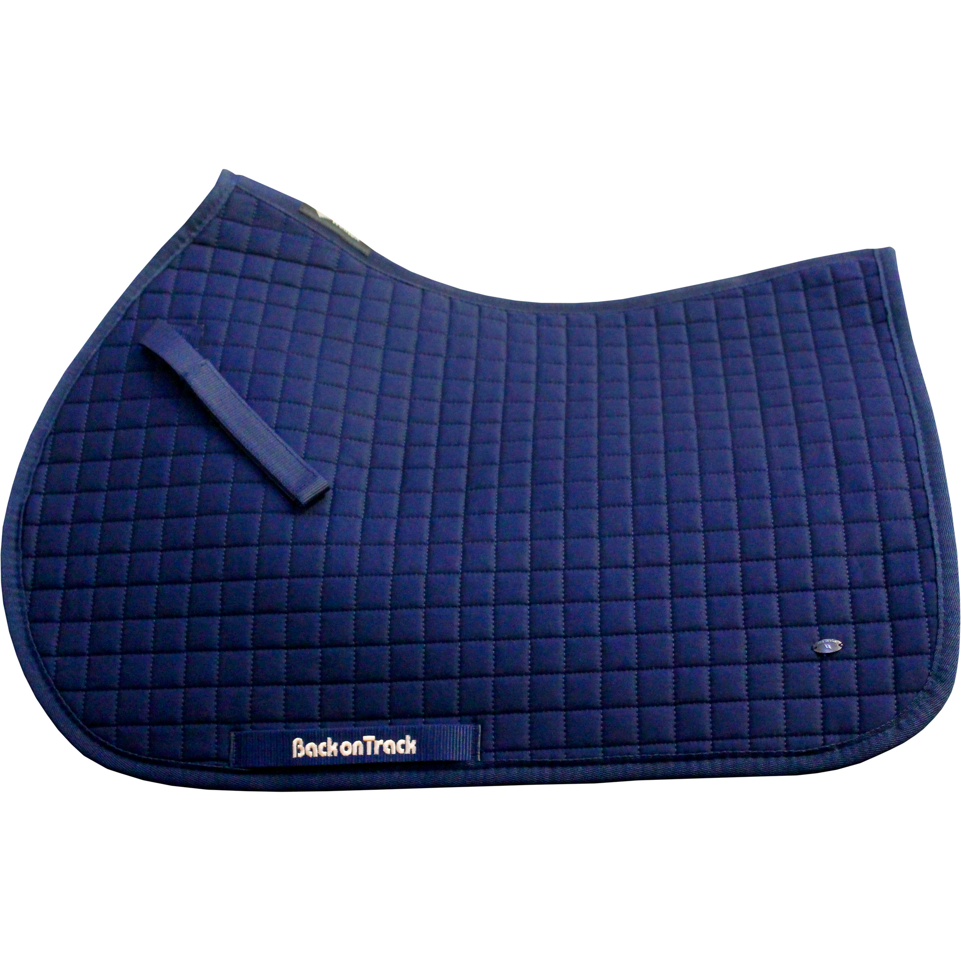 navy jumping saddle pad, side view, BOT gold logo & metal badge