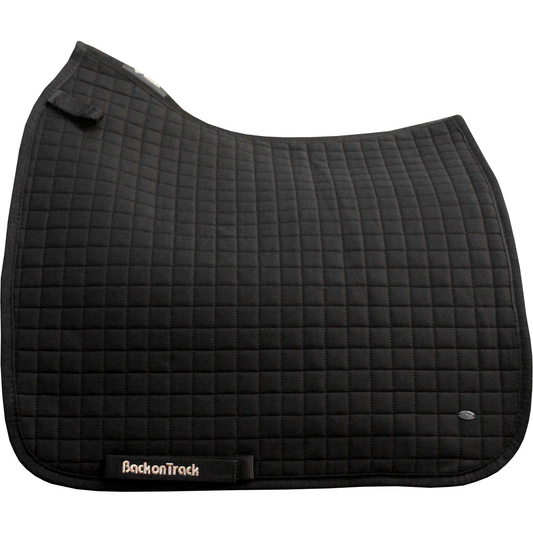 black dressage saddle pad with gold BOT and metal logo tag