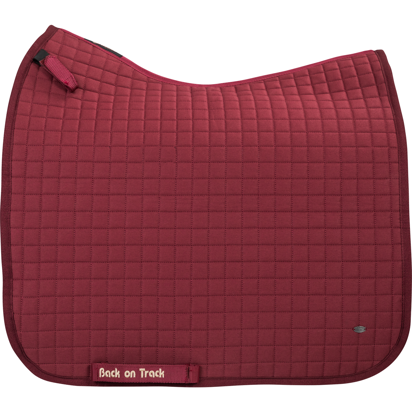 burgundy dressage saddle pad with gold BOT and metal logo tag