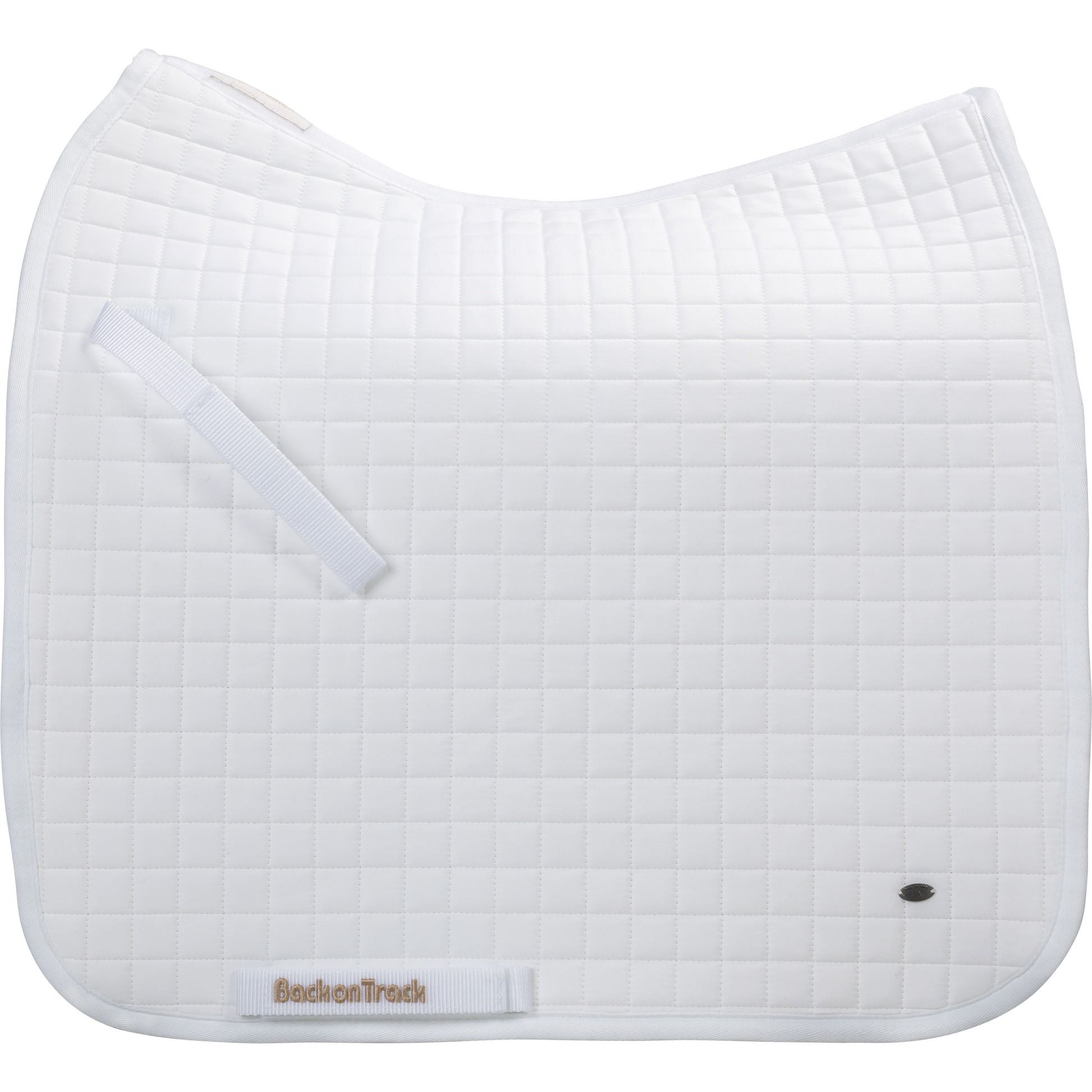 white dressage saddle pad with gold BOT and metal logo tag